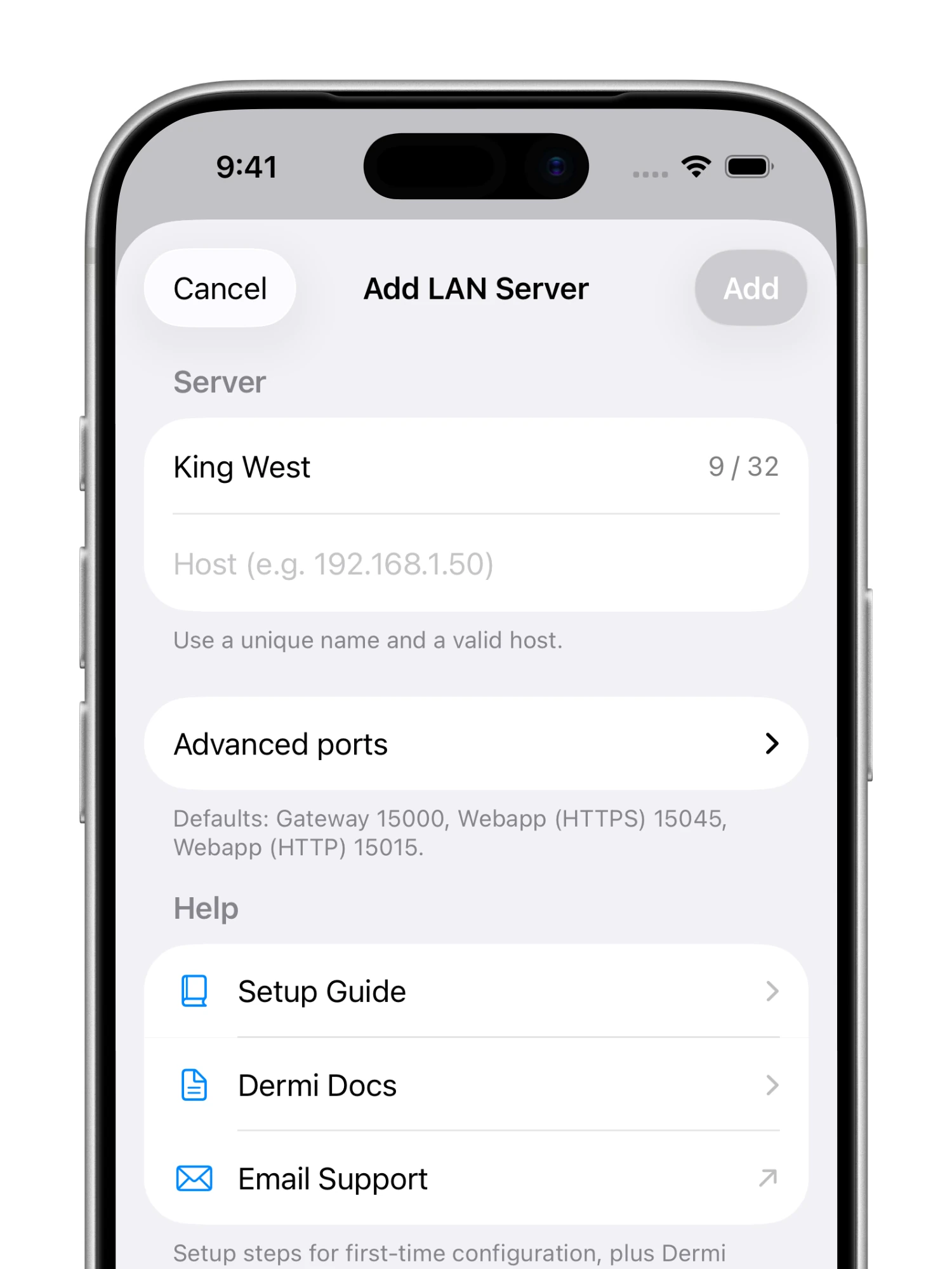 The Add LAN Server form with a name, host, and advanced ports