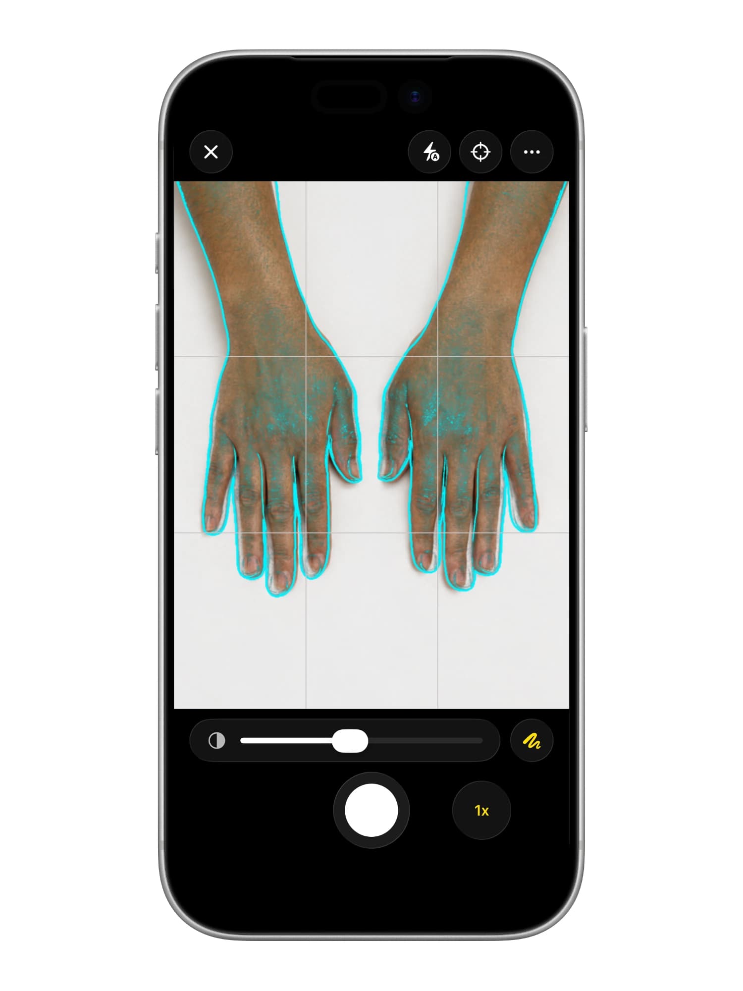 The Atlas Companion capture screen on iPhone with a live subject outline, opacity slider, and shutter controls