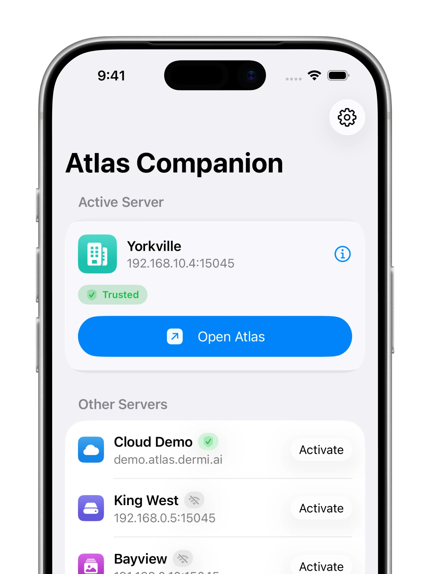 The Atlas Companion home screen on iPhone, with the active server above one-tap switching to other servers