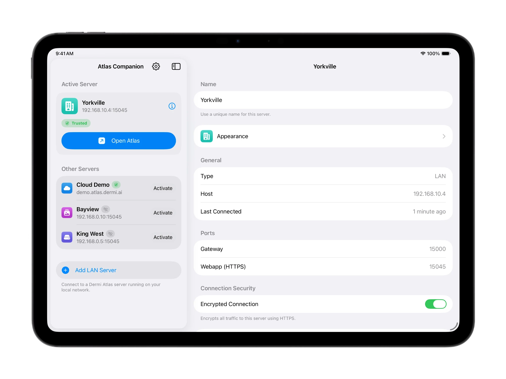 Atlas Companion on iPad, with a sidebar of servers beside the server detail pane