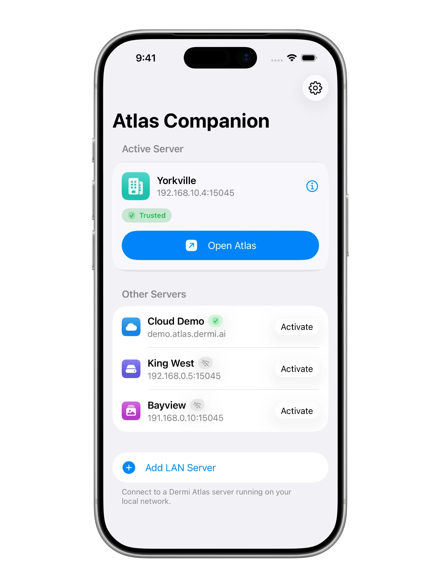 The Atlas Companion home screen with an active server, a Trusted badge, and a list of other servers