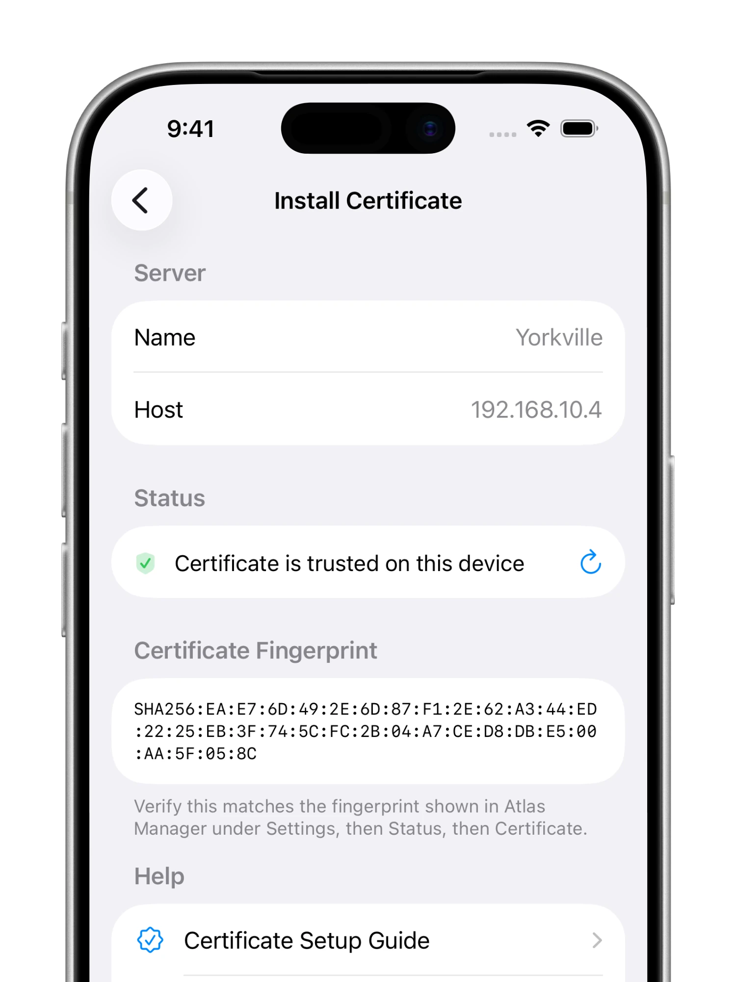 The certificate install screen with a SHA-256 fingerprint and a trusted status