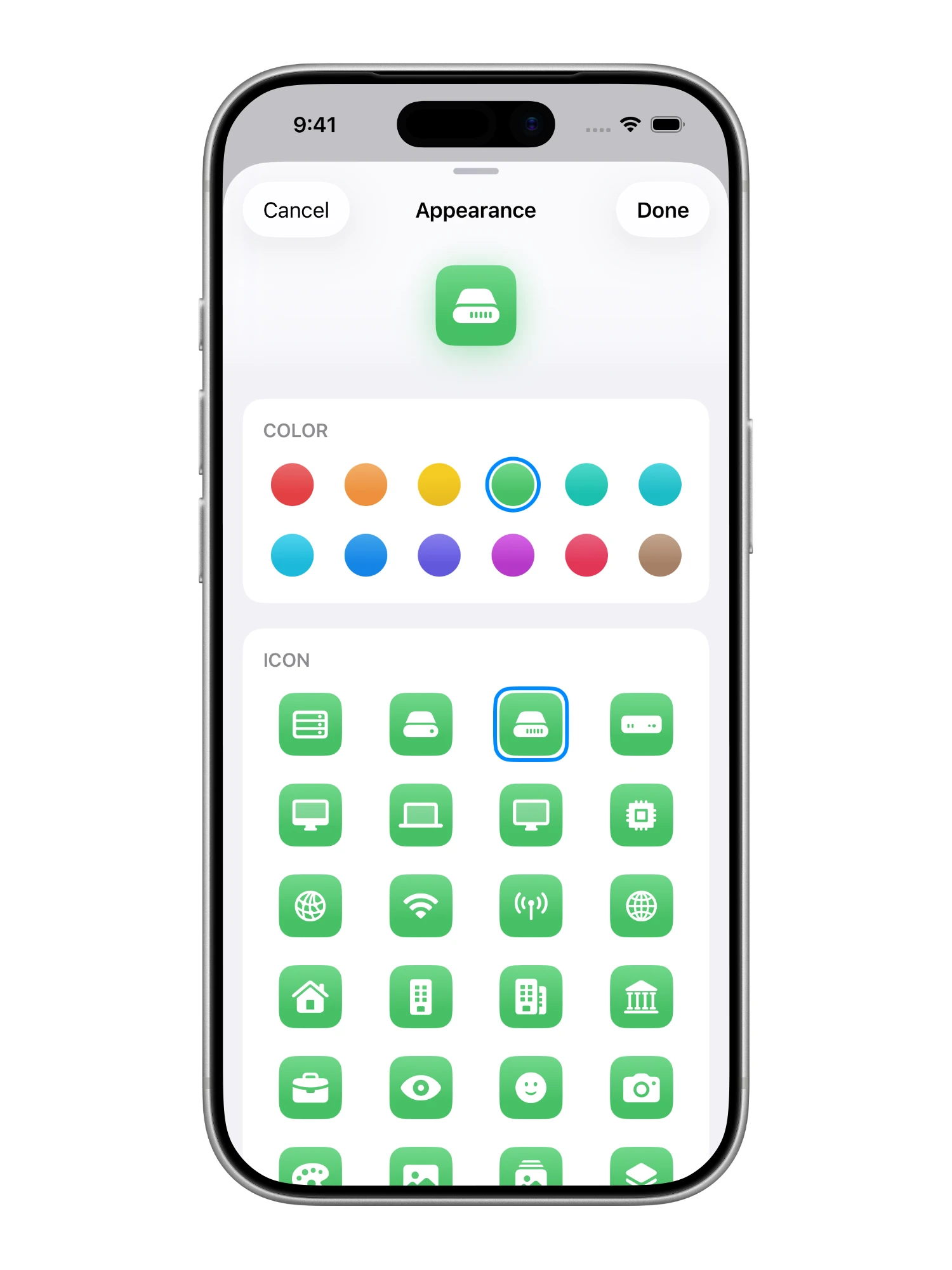 The server appearance picker with color swatches and a grid of icons
