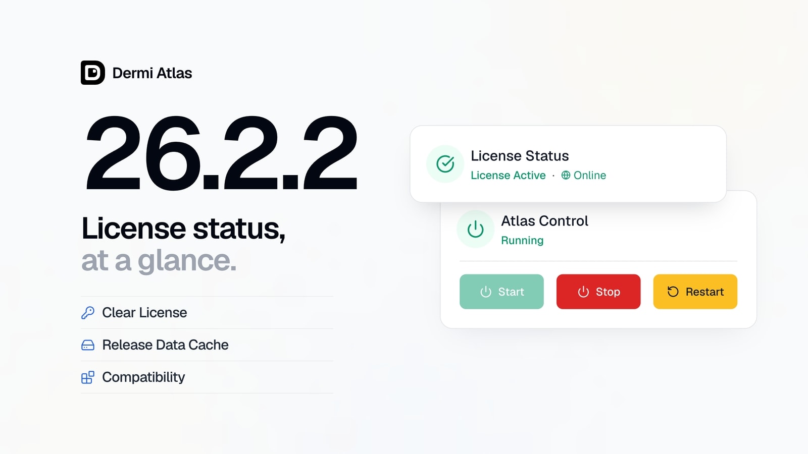 The License Status card in Dermi Atlas Manager showing License Active and Online, in front of the Atlas Control card showing Running