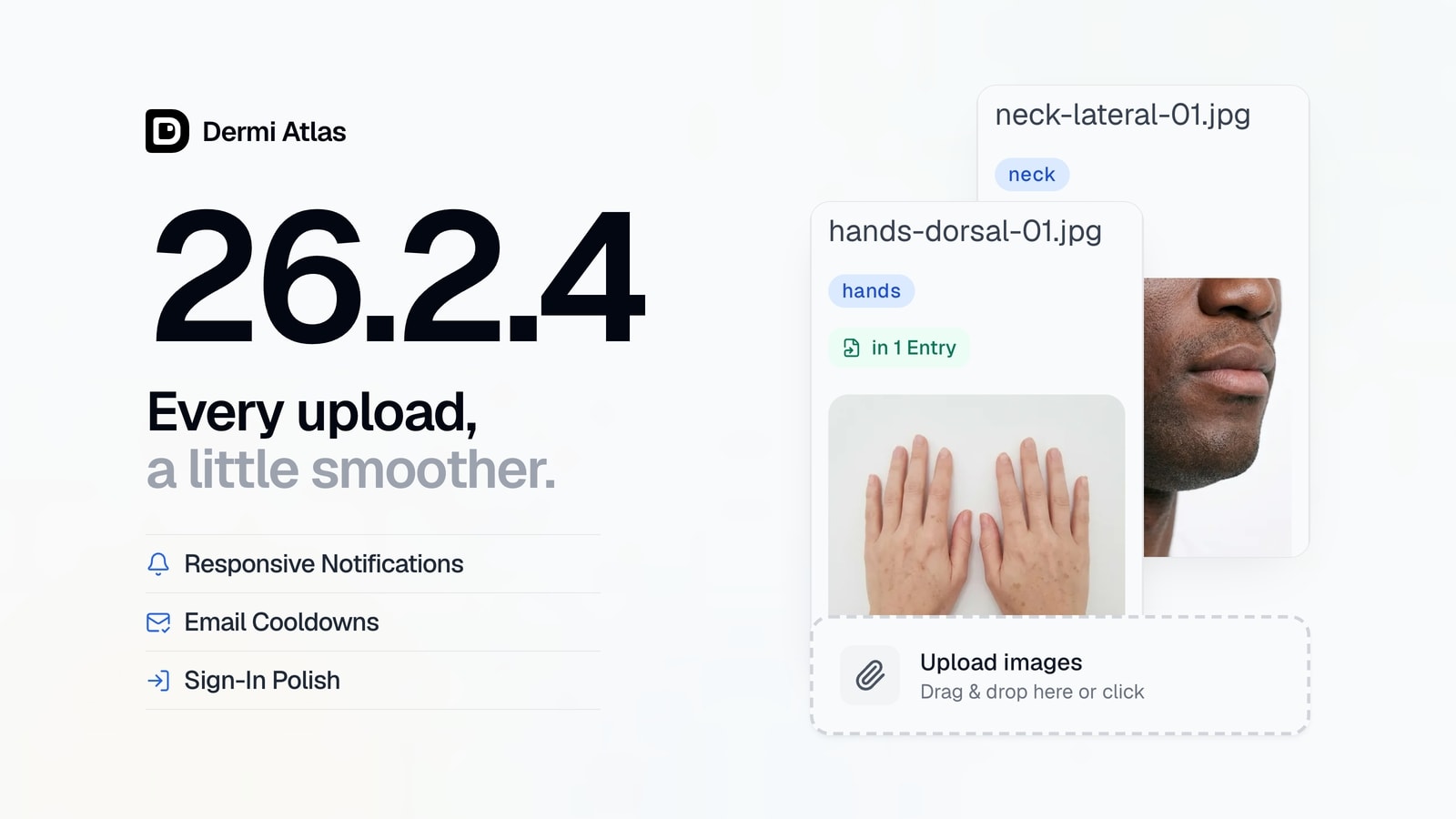 Two image pool cards with hand and neck photographs above the Upload images drop area