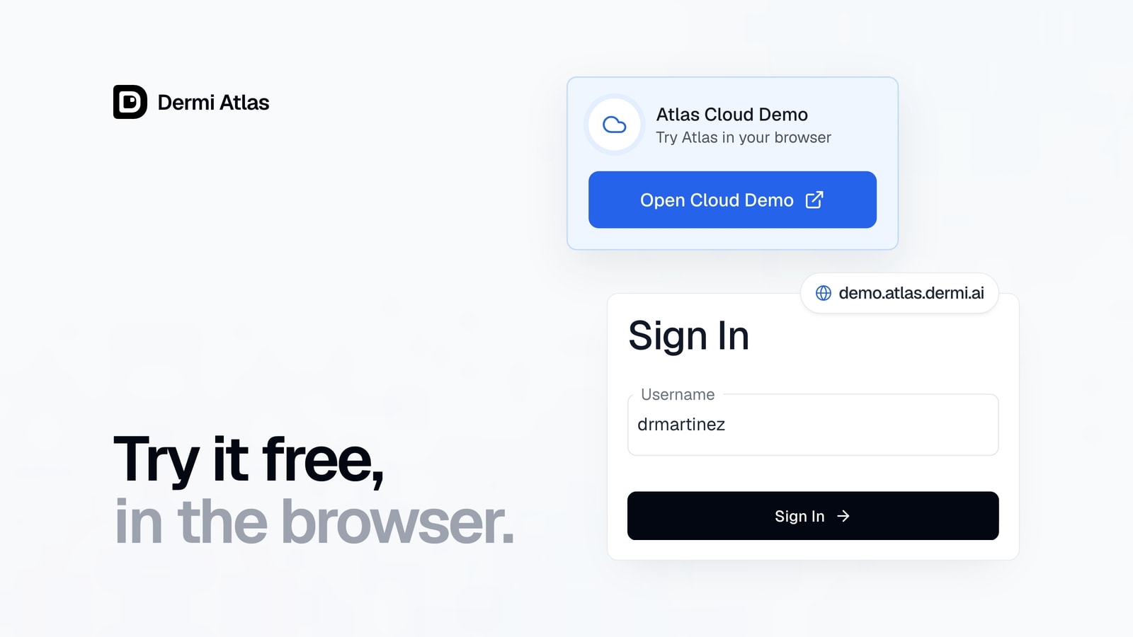 The Atlas Cloud Demo card from the Dermi portal above the Dermi Atlas Sign In form with the demo.atlas.dermi.ai address