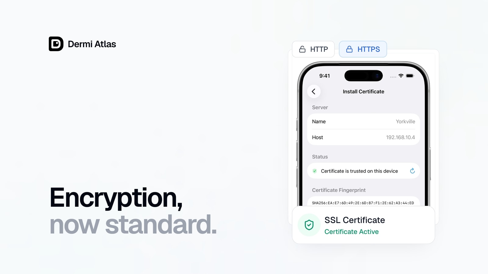 The Companion Install Certificate screen on iPhone, with HTTPS selected over HTTP and the SSL Certificate card showing Certificate Active