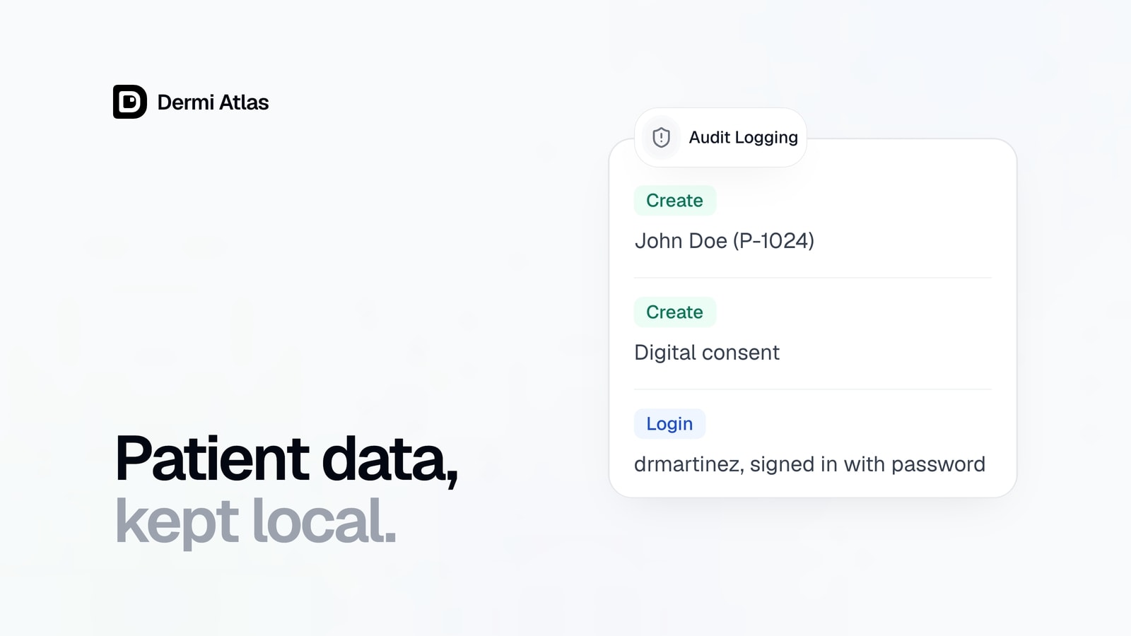 Audit log entries for a new patient, a digital consent, and a sign-in, under the Audit Logging heading
