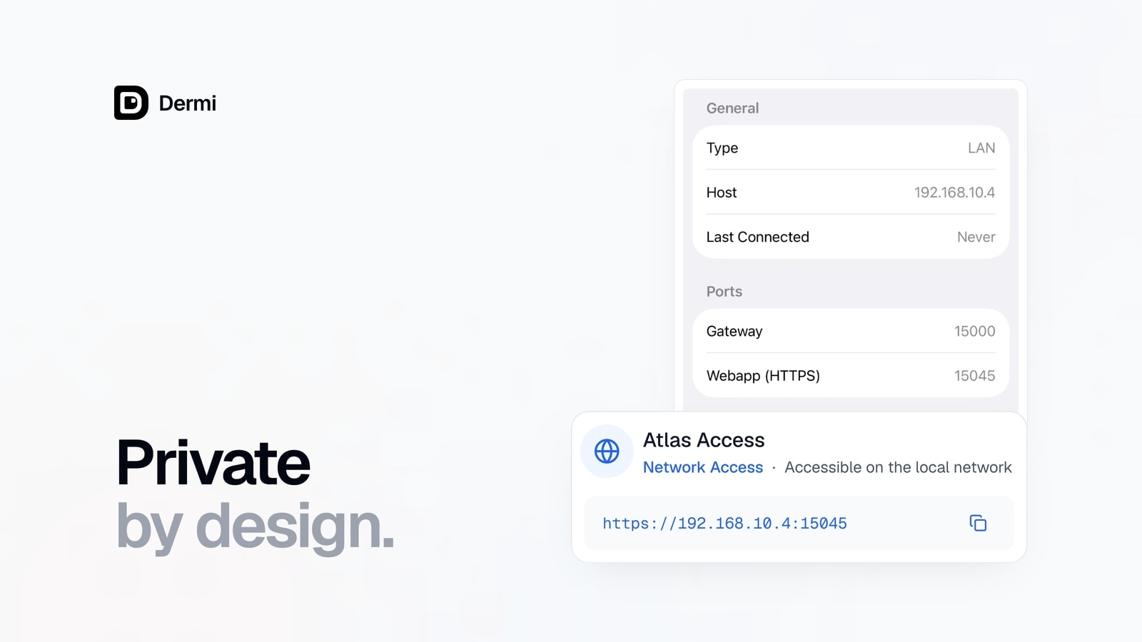 The Companion server details for a practice server with its local network address and ports, above the Atlas Access card showing the same local address