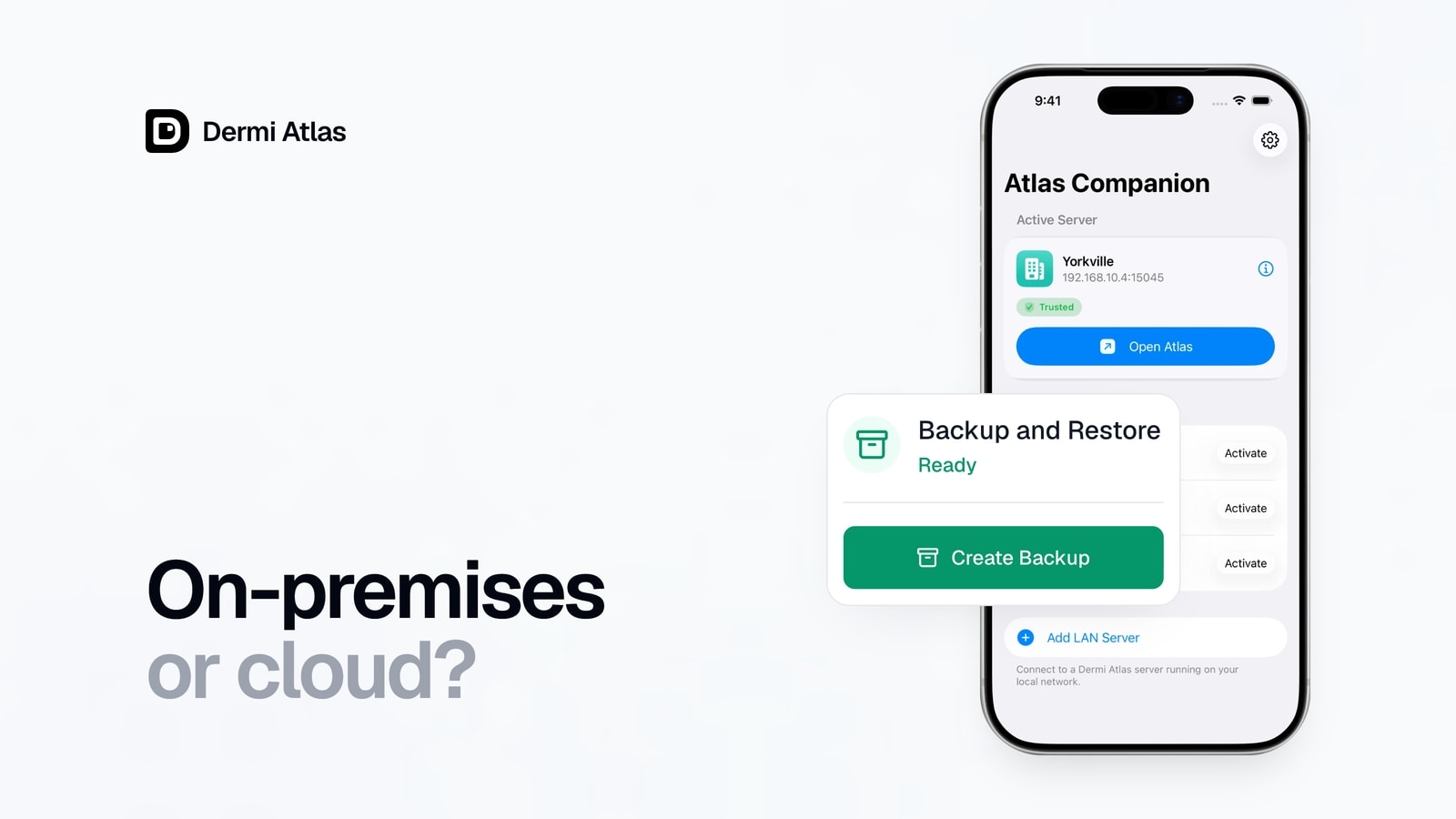 The Companion app on iPhone with the practice server active, beside the Backup and Restore card