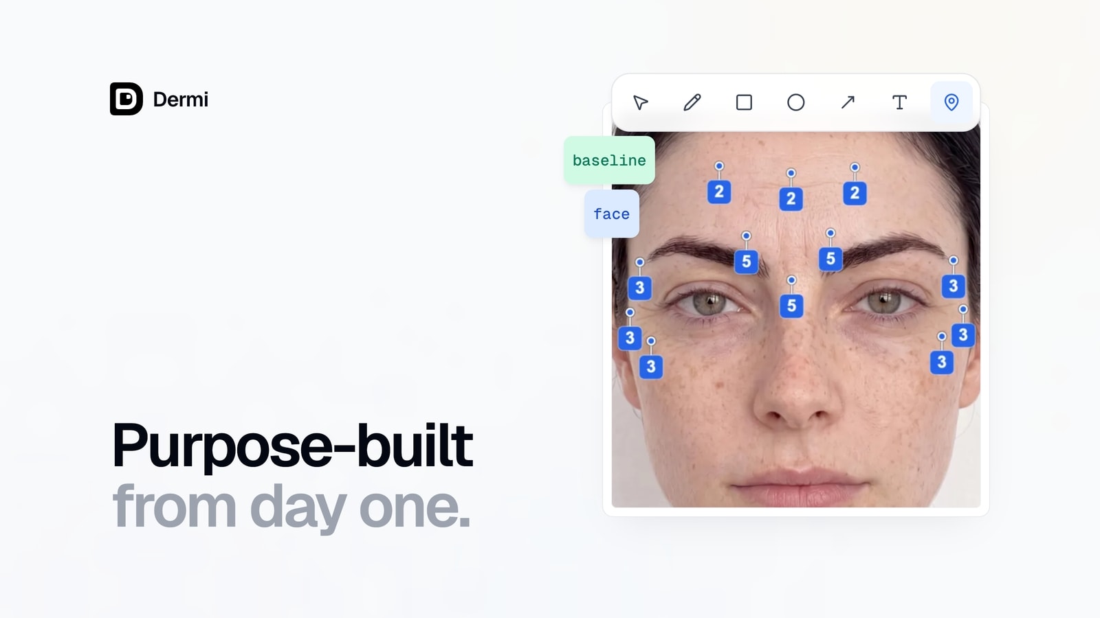 A portrait with numbered pins placed across the face, the annotate toolbar with the Pin tool selected, and the baseline and face tags
