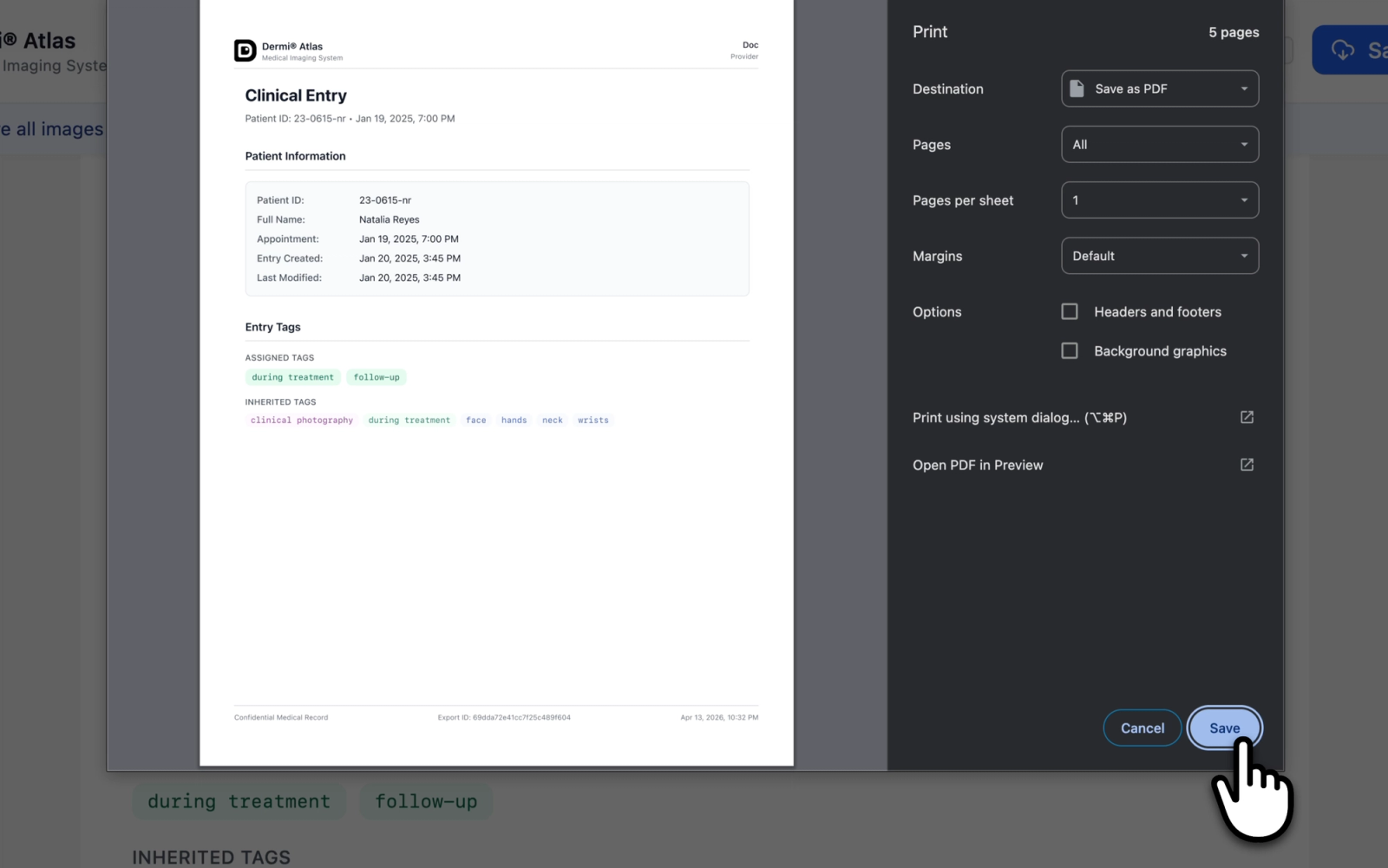 Clinical Entry Report preview showing the patient information header, clinical notes, workspace images, and a comparison group