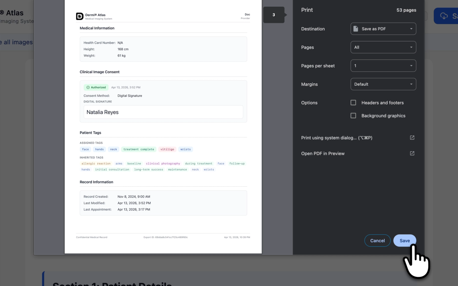 Complete Patient Report preview showing the table of contents and beginning of the Patient Details section