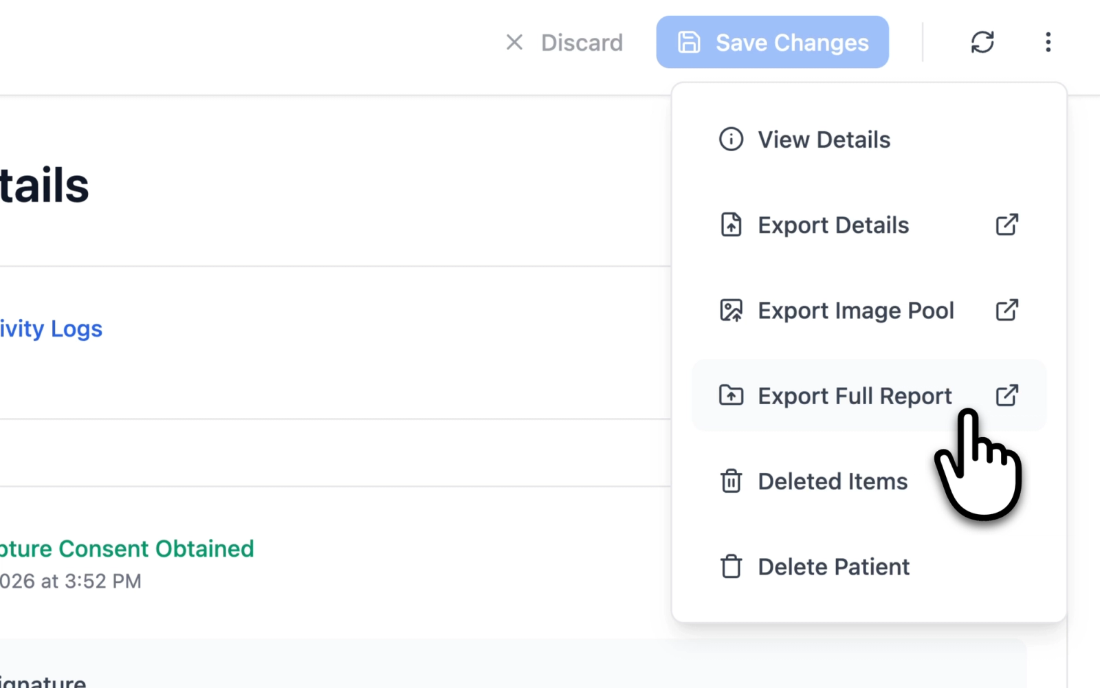 Patient Details page options menu showing the PDF export actions