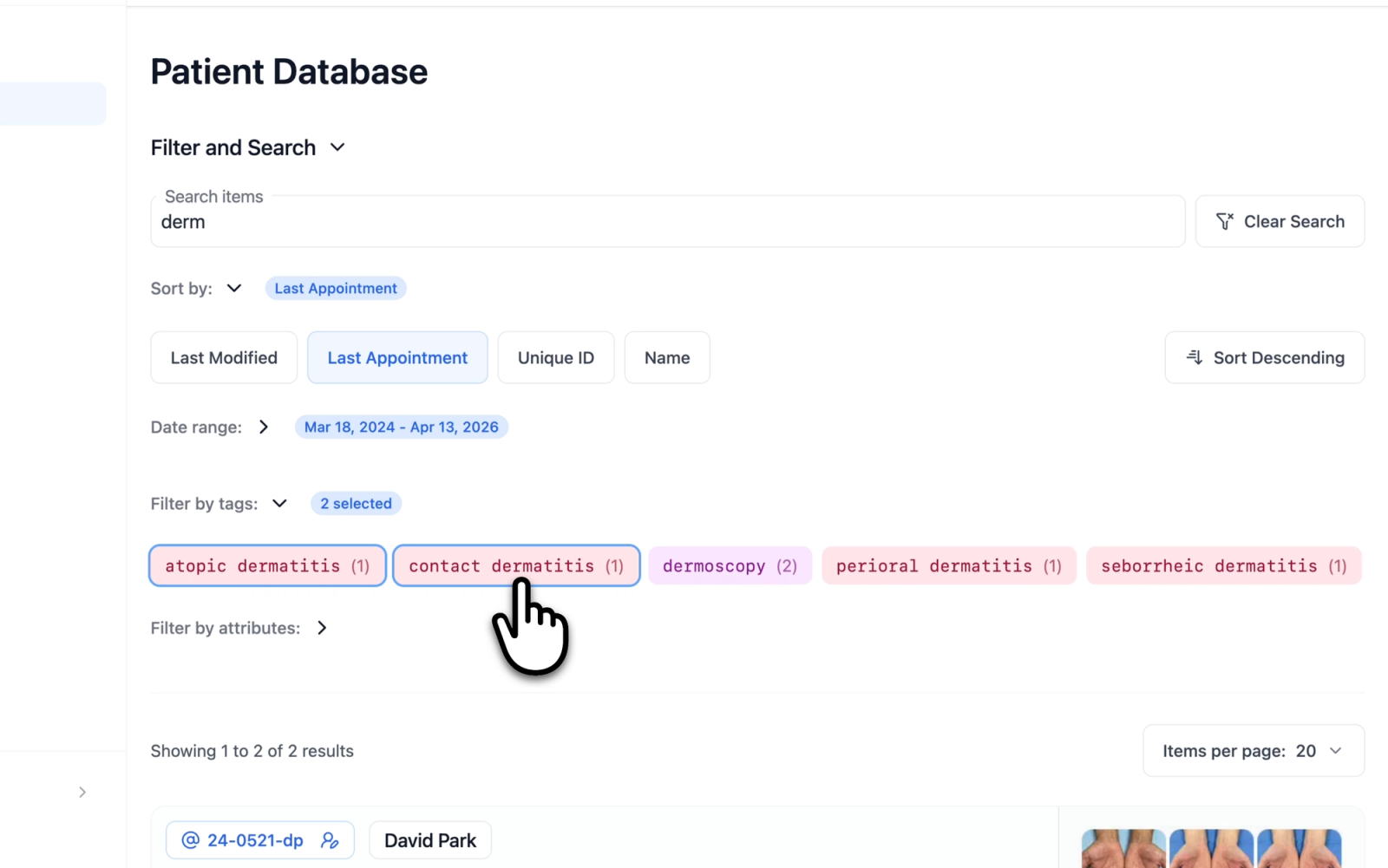 Filter by tags section expanded showing color-coded tag buttons with patient counts and two tags selected