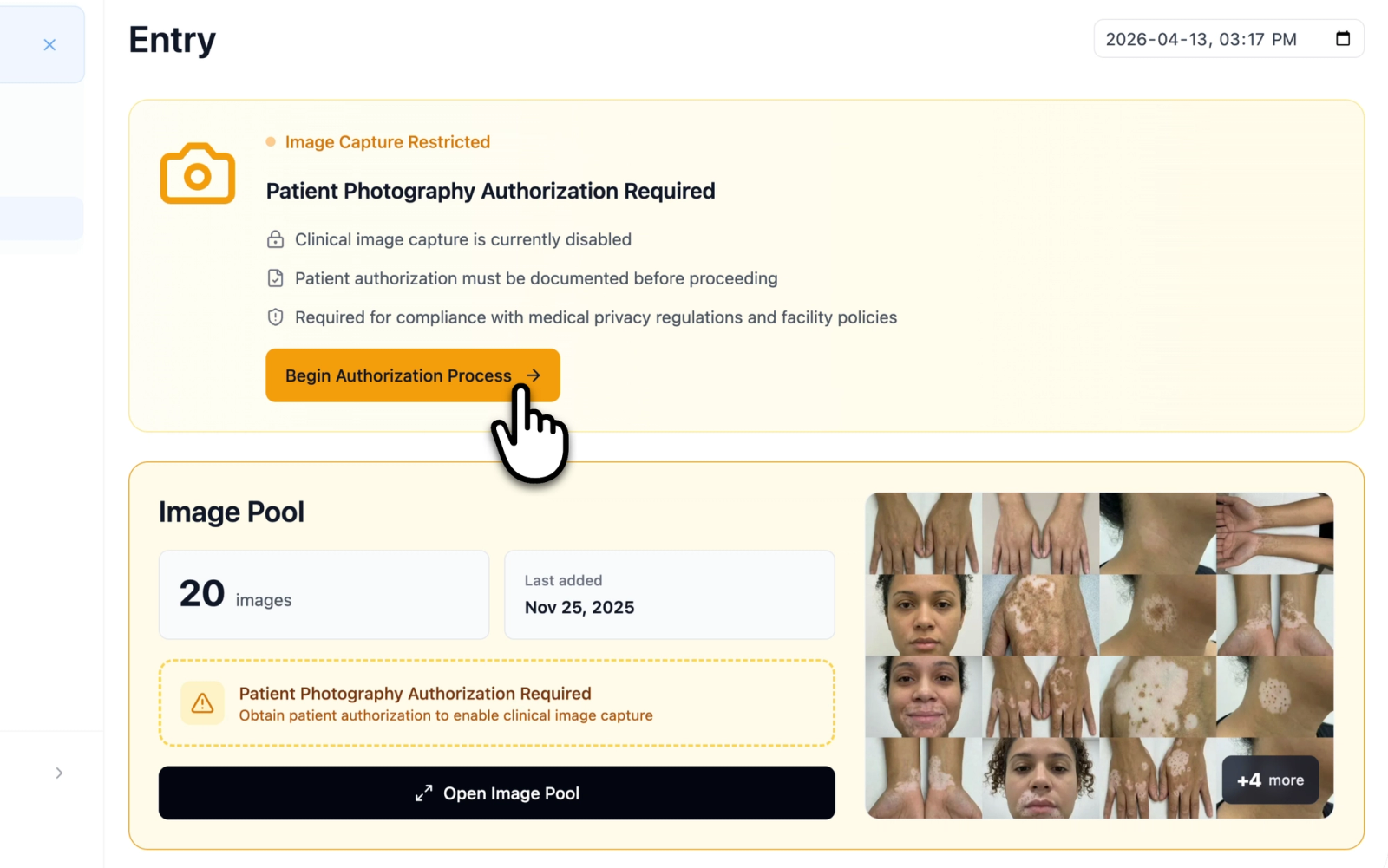The Image Pool in a consent-restricted state showing the amber warning banner with the authorization message