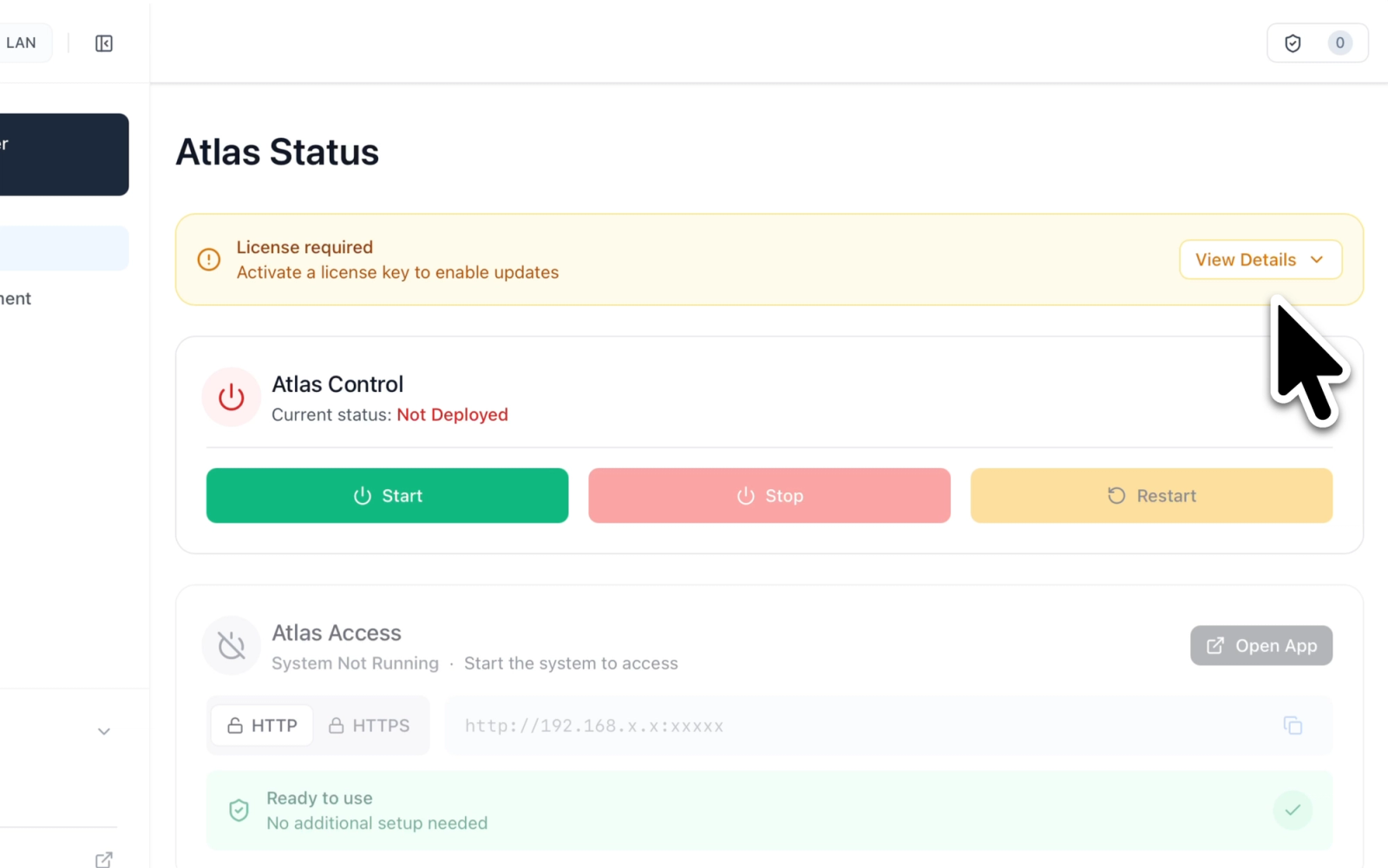 Atlas Status page showing the License required alert with a View Details action