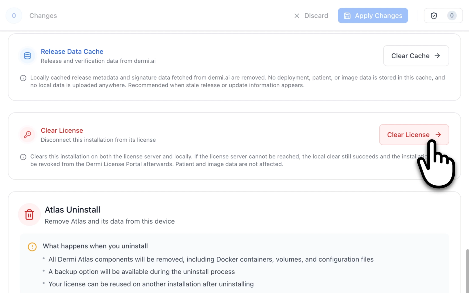 Clear License action in Advanced preferences with the red Clear License button