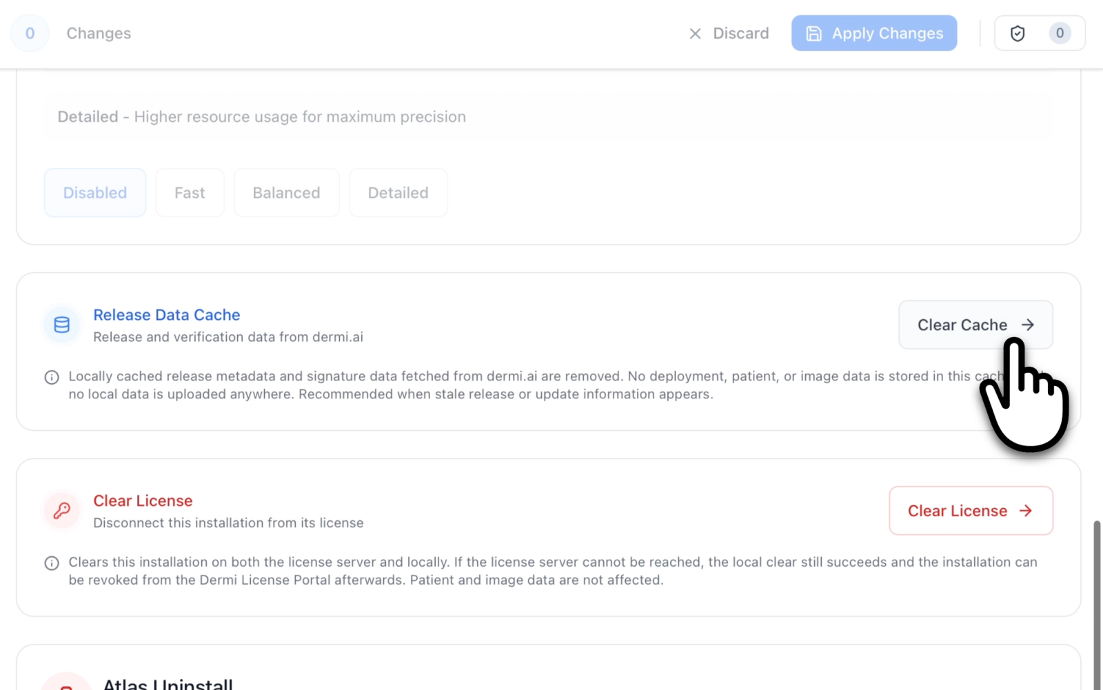 Release Data Cache section in Advanced preferences with the Clear Cache action